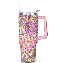 Premium 40oz Stainless Steel Vacuum Insulated Paisley Tumbler with Handle, Flip Straw Lid & Straws – Leak-Proof, Compatible with Most Cup Holders