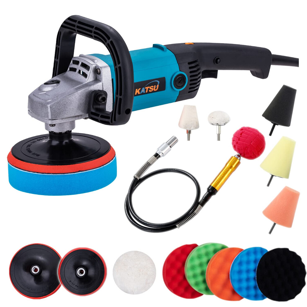 Katsu Electric Car Polisher, 1200W 150Mm 180Mm Electric Buffer Polishing Waxing Machine, Car Detailing Kit, 6 Variable Speeds, With 16 Pcs Accessories 5051224121212