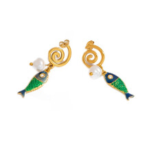 Women's Stainless Steel Colorful Enamel Fish Koi Drop Dangle Imitation Pearl Stud Earrings Blue