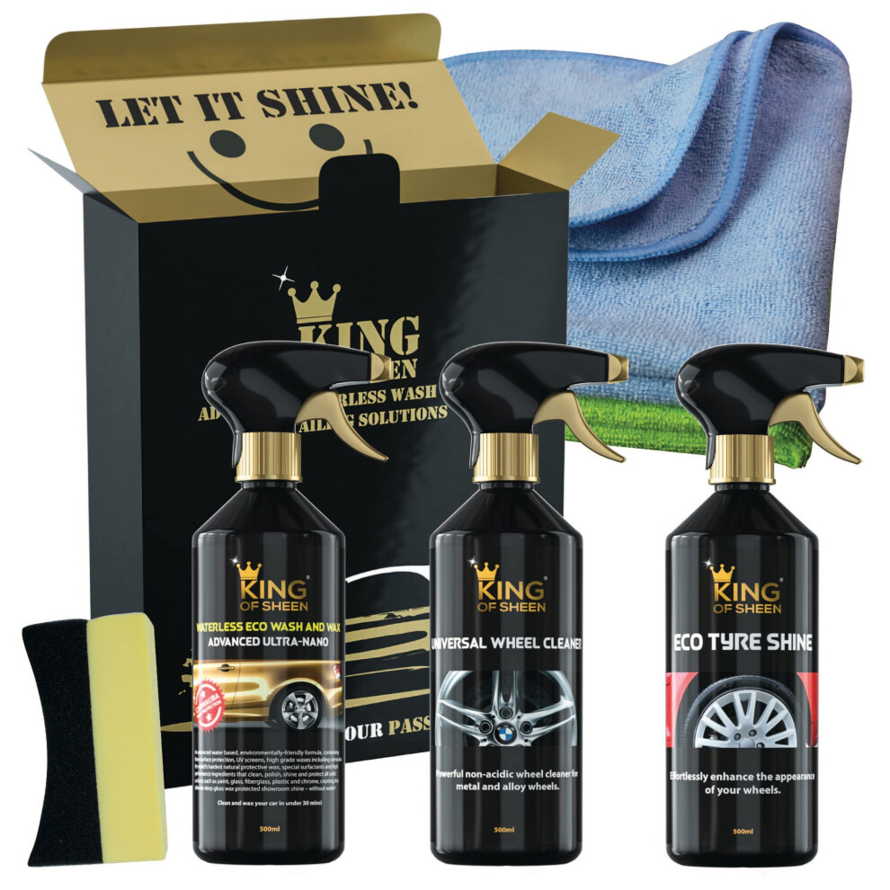 King Of Sheen Exterior Car Cleaning Kit - Advanced Ultra Nano Waterless Wash & Wax 500Ml, Universal Wheel Cleaner 500Ml, Eco Tyre Shine 500Ml And 2 5051224125067