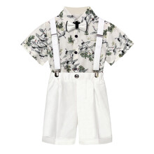 Boy Easter Outfit Semi Formal Outfit Short Sleeve Button Down Dress Shirts Bowtie Suspender Shorts Toddler Kids Boys Suits Light Gray 1-2 Years