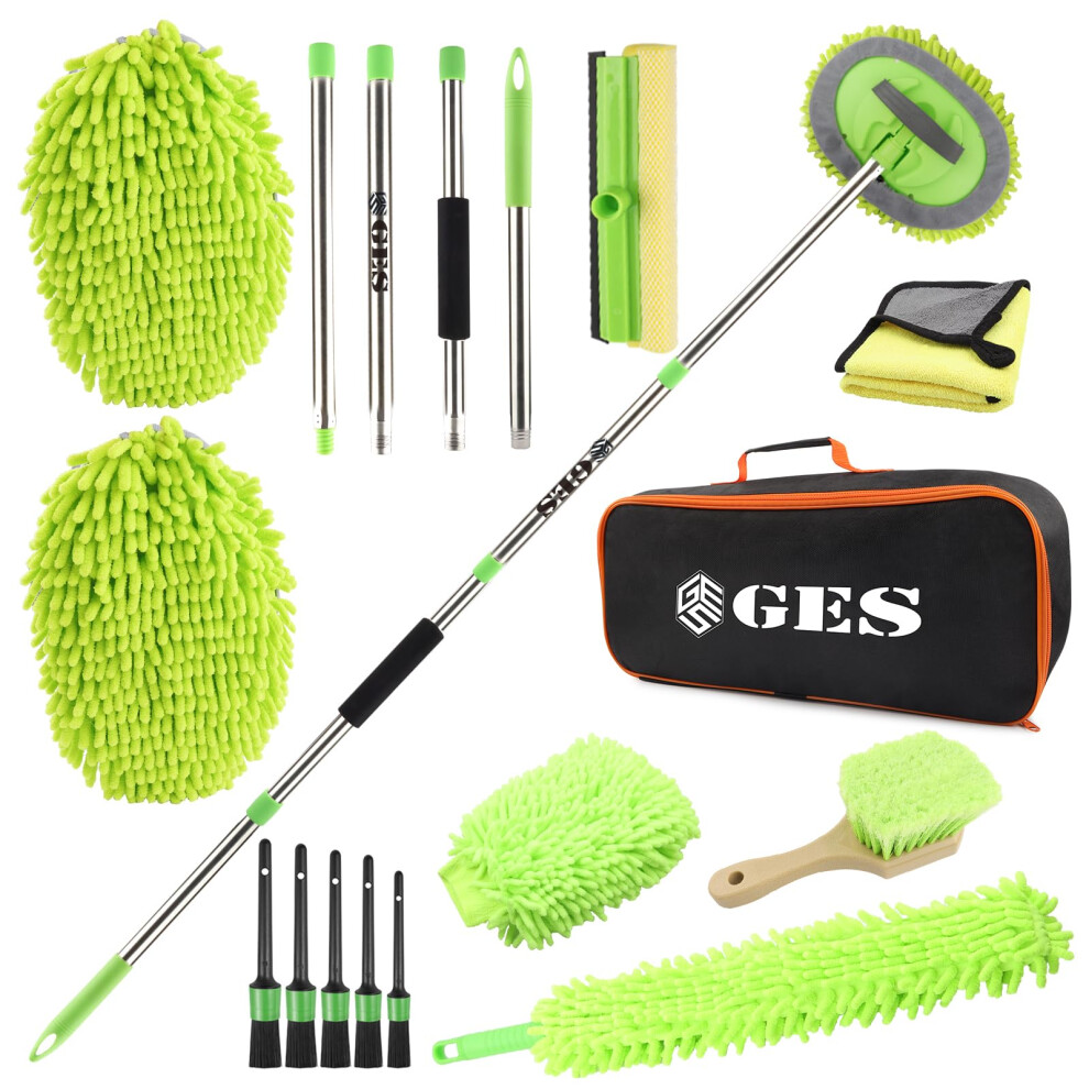 Ges 62" Car Wash Mop With Telescoping Long Handle, Car Wash Brush With Rubber Squeegee, 3 In 1 Chenille Microfiber Cleaning Kit With Storage Bag For 5051224124947