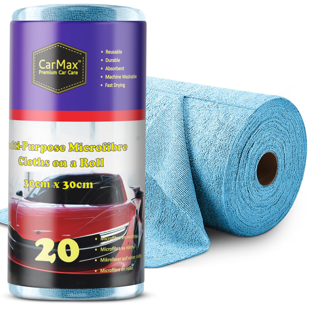 Carmax? - 20 Multi-Purpose Car Cleaning & Detailing Microfibres On A Roll- Reusable Microfibre Towels 30Cm X 30Cm On Tear-Off Roll Blue 5051224126118