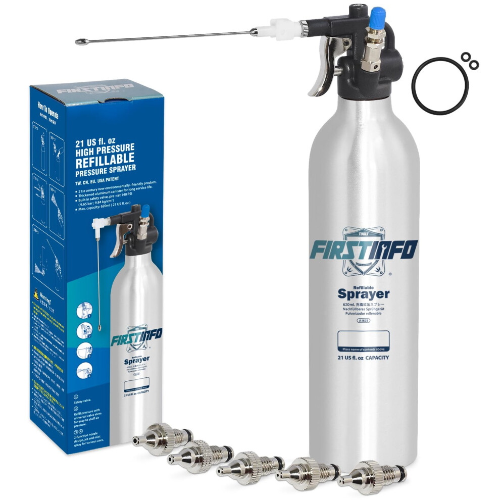 Firstinfo A1638y5 Patented Refillable Brake Cleaner Spray Bottle, 620Ml Aluminum Pressure Sprayer, Max Pressure 140Psi, Thickened Reusable Aerosol 5051224132485