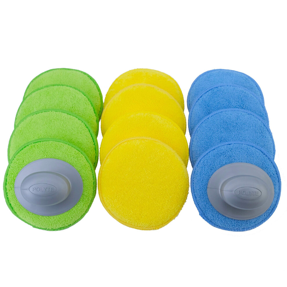 Polyte Microfibre Detailing Wax Applicator Pad W/2 Handles, 13 Cm, 12 Pack (Multi-,,Yellow) Blue/Green/Yellow 5051224140596