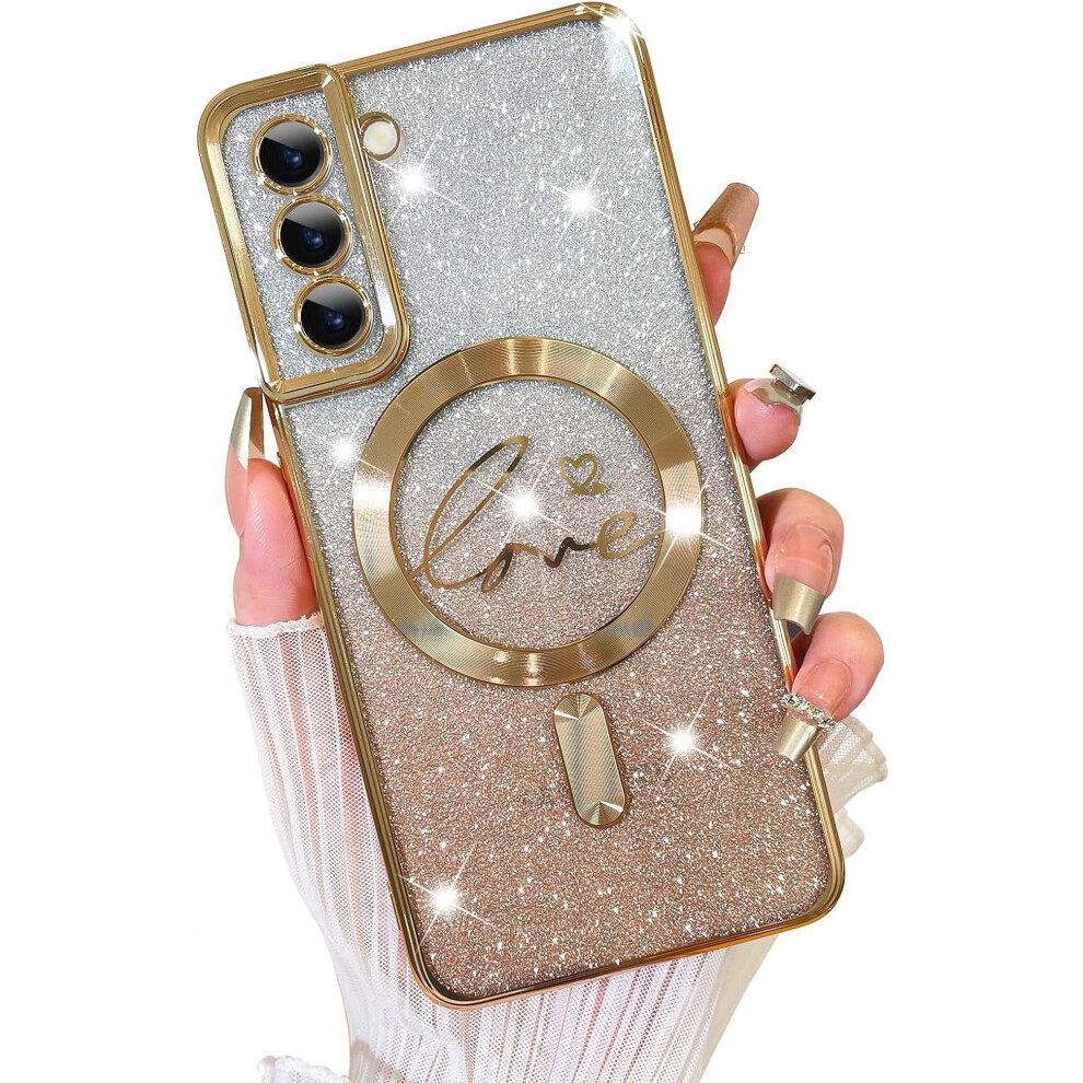 Compatible With Samsung Galaxy S22 Plus & MagsafeâLove Heart Plating Clear Magnetic Glitter Shockproof Case, 6.6", Gold 9489952013664