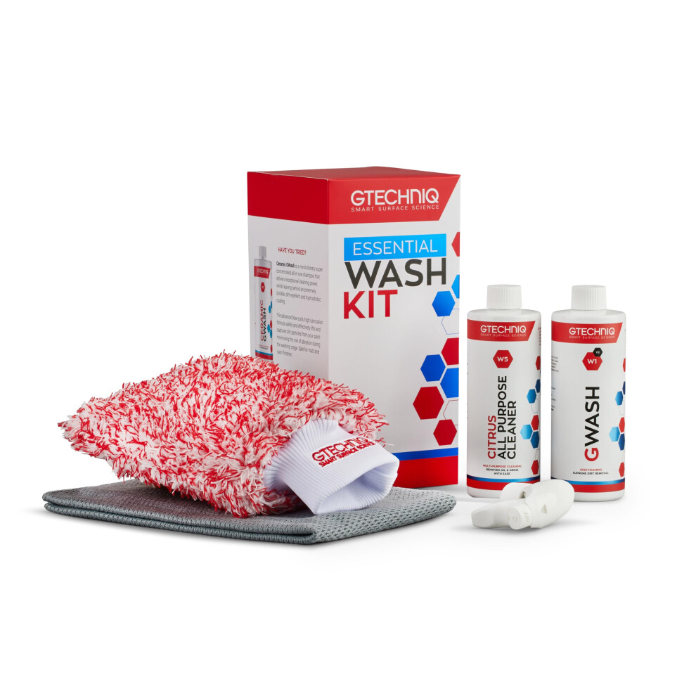 Gtechniq Essential Wash Kit For Cars, Car Washing Kit With Car Shampoo, Wheel Cleaner, Microfibre Car Wash Mitt And Microfibre Towel, Car Accessories 5051224135516