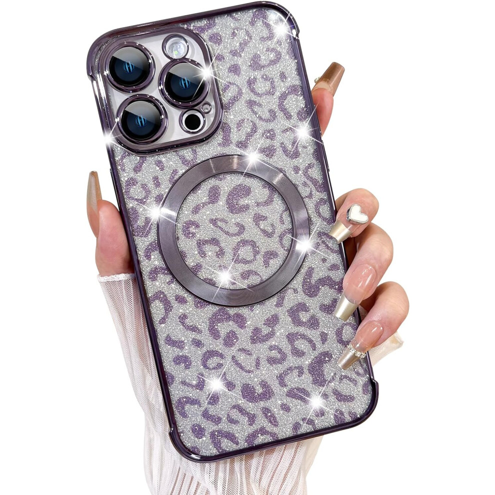 Compatible With Iphone 14 Pro & Magsafe: Clear Cheetah Print Case With Magnetic Glitter Leopard Design, 6.1" Purple 9489952013961