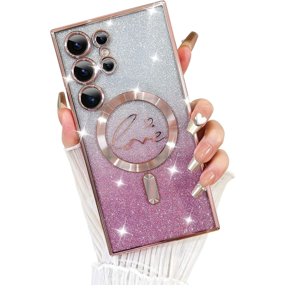 Compatible With Samsung Galaxy S24 Ultra & Magsafeâ Magnetic Glitter Clear Case With Love Heart Camera Protection, Shockproof Pink 9489952013954