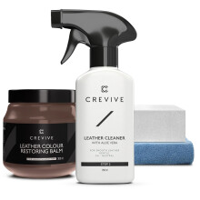 CREVIVE Leather Cleaner 250 ml & Leather Restorer Brown 300 ml - Leather Colour Restorer - Leather Restorer for Sofas - Leather Balm Brown