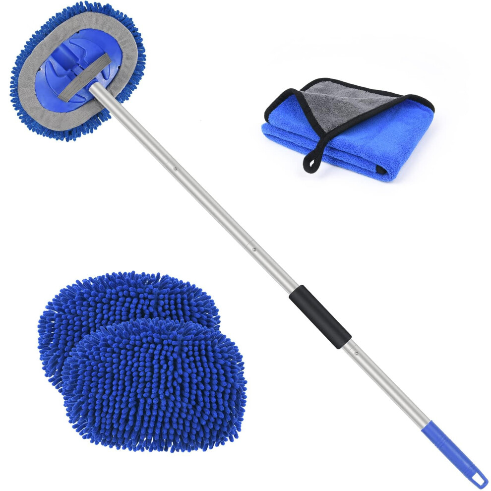 Uraqt Car Wash Brush, 63'' Aluminum Long Handle Car Cleaning Brush, 180?Rotation Multifunction Caravan Wash Mop Kit, Car Wash Tool With 2 Chenille 5051224138074