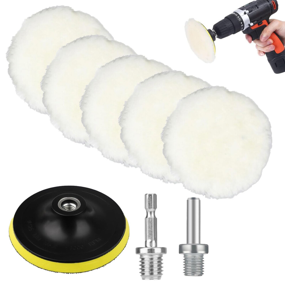 8 Pcs 5 Inch (125Mm) Wool Polishing Buffing Pads Set, Car Polisher Buffer Drill Attachment With M14 Drill Adapter And Hex Shank Bit Adapter, For Car 5051226250095