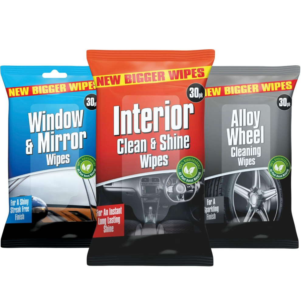 Car Interior Cleaning Wipes Set Biodegradable, Interior, Glass, Alloy Wheel Wipe | Car Wipes Dashboard Cleaner 3X30 90 Set 5051224150052