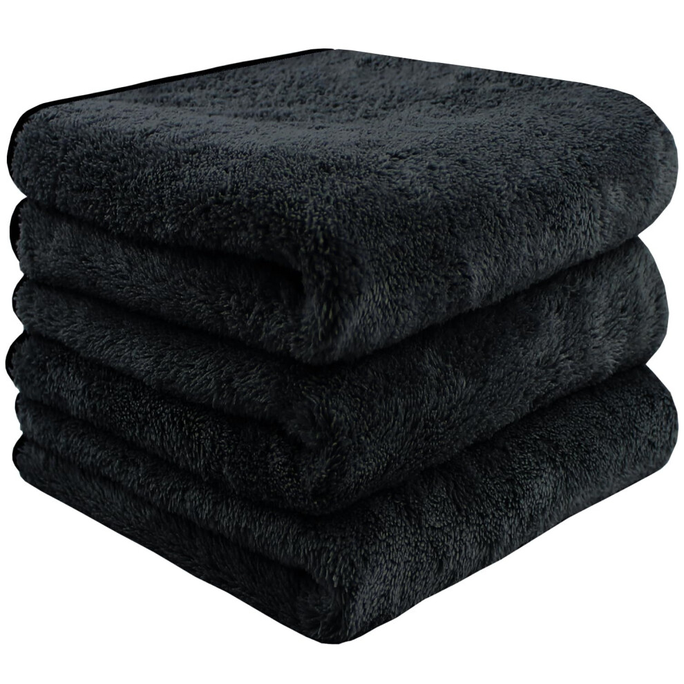 Hidmd Microfibre Car Drying Towels Absorbent Large Car Cleaning Cloths Plush Thick Washing Auto Detailing 380Gsm 40Cm X 60Cm 3 Pack Black 5051224142781