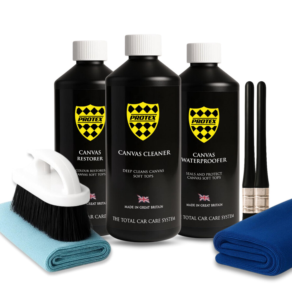 Protex Convertible Soft Top Care Kit With Canvas Cleaner, Restorer (Black) & Waterproofer - 1Ltr., Giant Microfibre Towel, Brushes And Microfibre Black 5051224152698