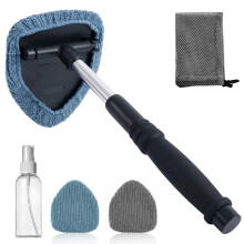 POLYTE Pivoting Windshield Glass Cleaning Tool Extendable Aluminum Handle w/3 Premium Microfibre Covers, Spray Bottle, Mesh Bag, Triangle Shaped Plate
