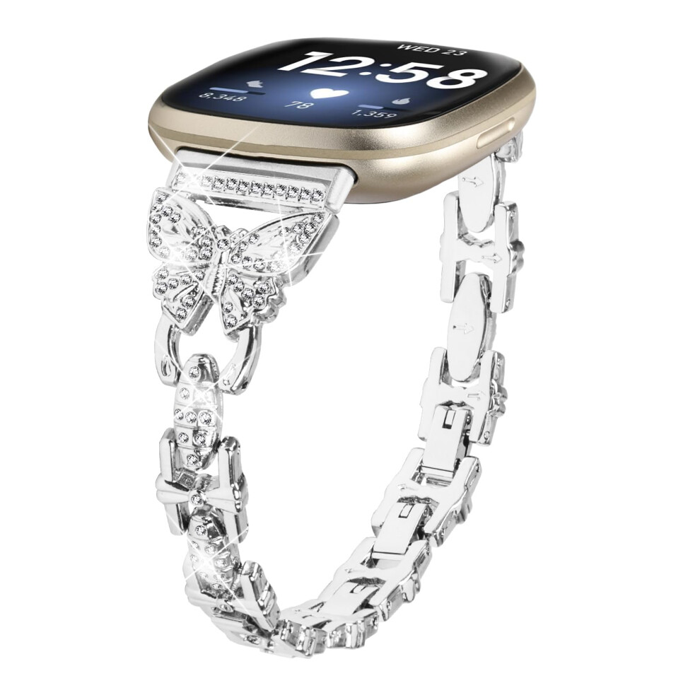 Gimuk Straps Compatible With Fitbit Versa 4/Sense 2 Strap For Women, Metal Stainless Steel Wristband Adjustable Bling Diamond Replacement Strap Band 5051224161546