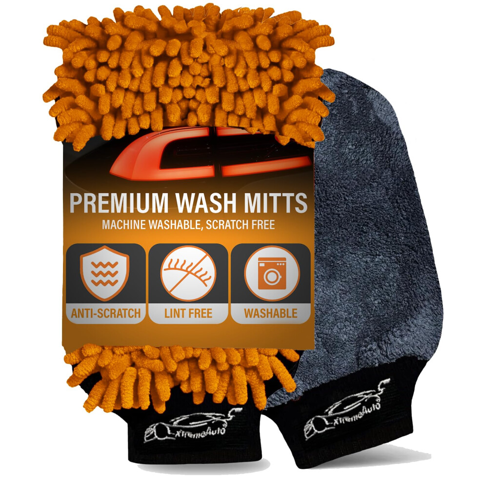 Xtremeauto Premium Car Wash Mitt Double Pack - Professional Cleaning Microfibre Sponge Mitts, Bug Shifter Set, Anti-Scratch Microfiber Detailing Glove 5051224153602