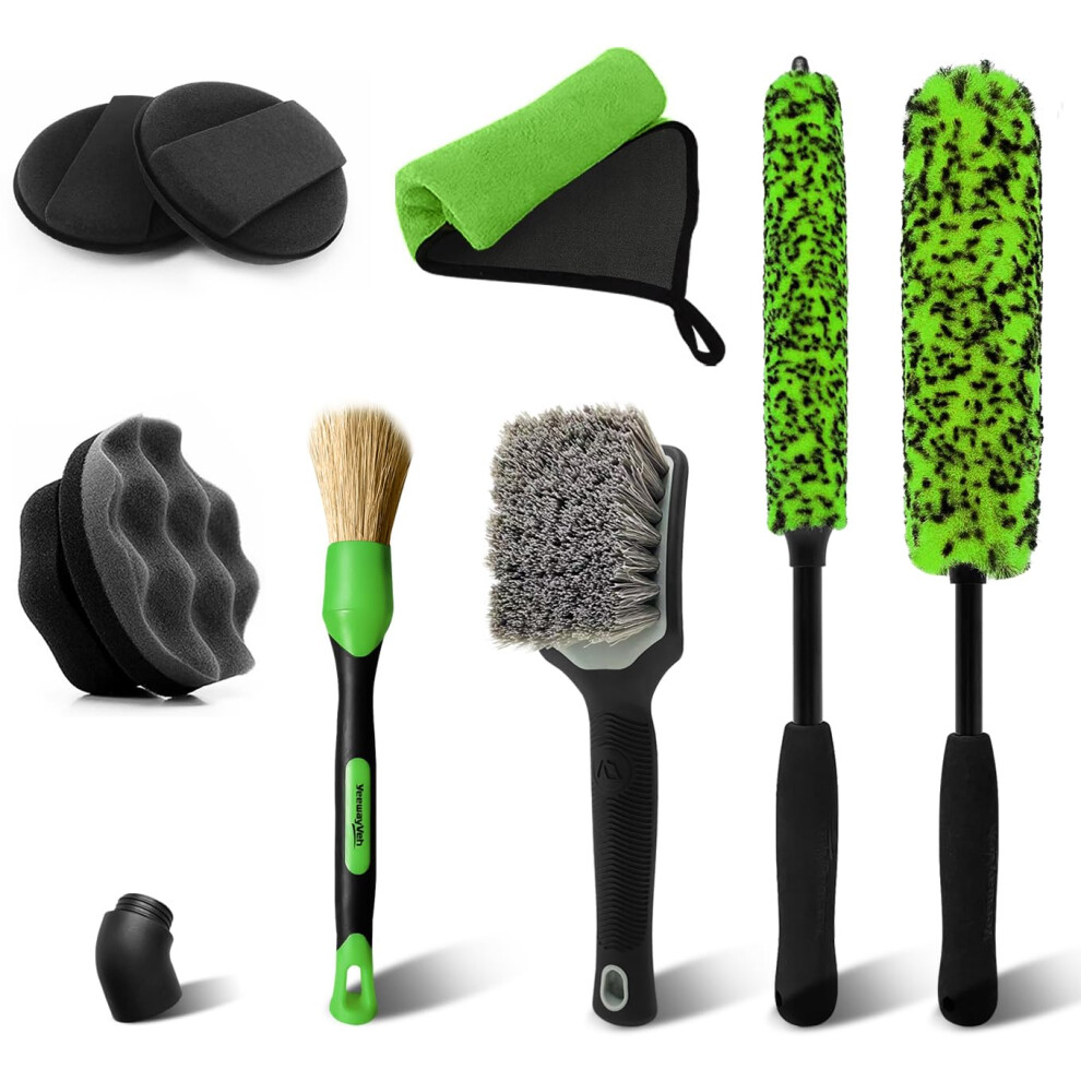 Yeewayveh 8Pcs Ultimate Wheel And Tire Brush Kit | 2-Size 360? Bendable Rim Brushes, Boar Hair Detailing Brush, Tire Shine Applicators & Microfiber 5051224153411