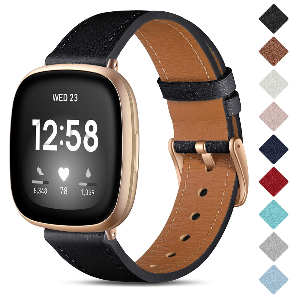 Cemika Leather Strap Compatible With Fitbit Sense/Fitbit Versa 3, Genuine Leather Wristband For Women & Men, Black 5051224163243