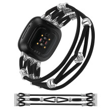 Wearlizer Beaded Bracelet Strap for Women, Handmade Elastic Nylon Stretchy Solo Loop Boho Cute Replacement Watch Band 4, M(6.1''-6.5''), Black-for