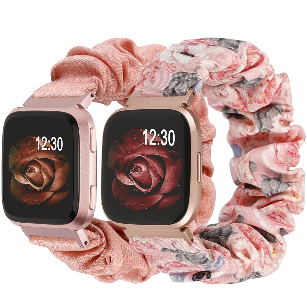 Wearlizer Straps Compatible With Fitbit Versa/Versa 2 For Women, Elastic Watch Strap Scrunchie Wristband Replacement Band (Pink/Floral, S) Pink 5051224178391