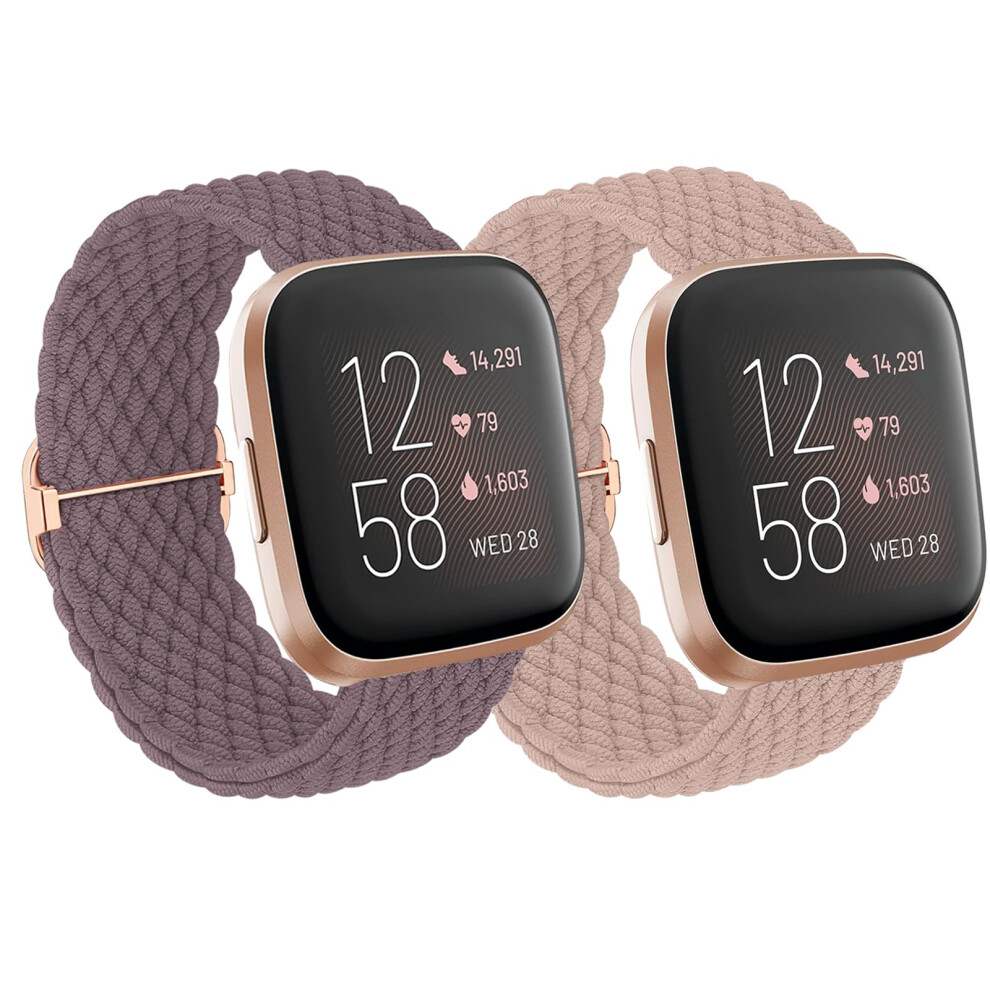 Bxkm 2 Pack Braided Solo Loop Straps Compatible With Fitbit Versa 2/Versa/Versa Lite/Versa Se For Women, Adjustable Elastic Stretchy Nylon Sport 5051224176724