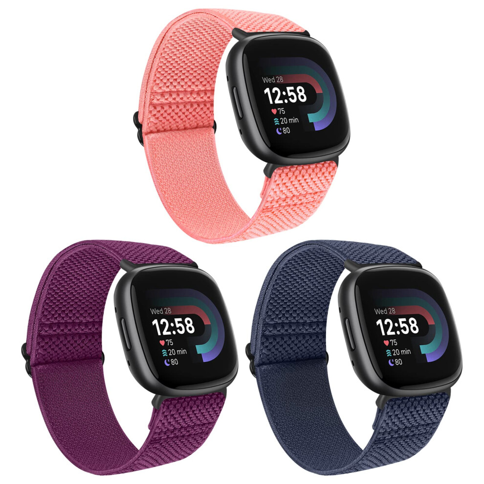 Huamanlou 3 Pack Elastic Nylon Straps Compatible With Fitbit Versa 4/Versa 3/Sense 2/Sense, Soft Loop Adjustable Sport Replacement Wristbands For 5051224188512
