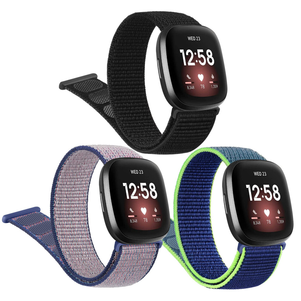 Meliya Strap For Fitbit Sense 2, Sense, Versa 4, Versa 3 For Women Men, 3Pack Adjustable Sport Nylon Loop Replacement Wristband Straps For Versa 4 5051224202119