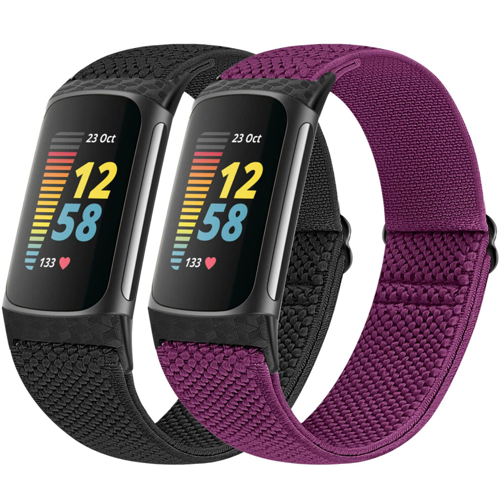 Vodtian Elastic Straps Only Compatible With Fitbit Charge 6/ Charge 5 Strap, 2 Pack Stretchy Adjustable Nylon Loop Braided Replacement Sport Wristband 5051224207145