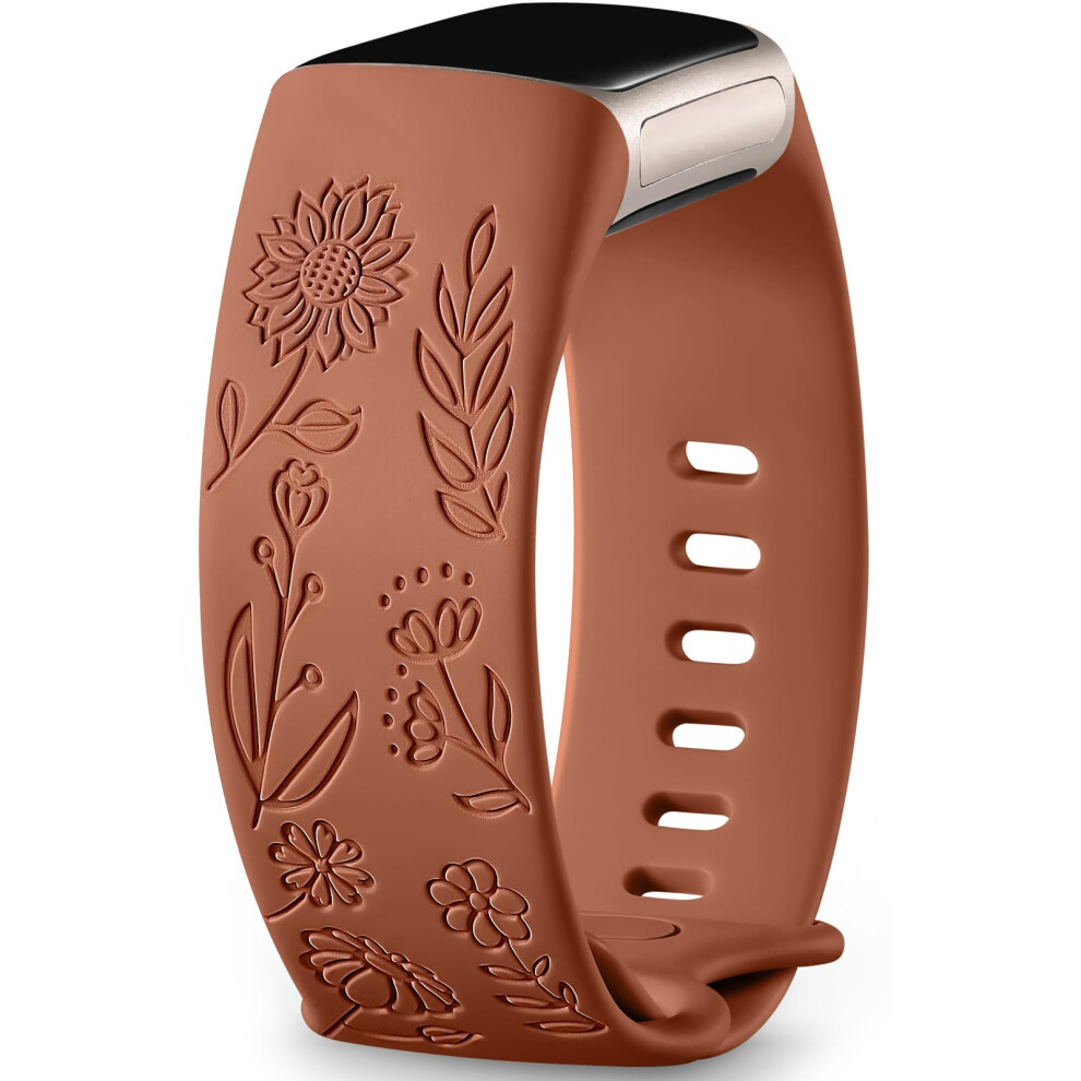 Photos - Watch Strap Epova Sunflower Engraved Strap Compatible with Fitbit Charge 6/5, Soft Silicone Replacement Band for Women & Men, Brown