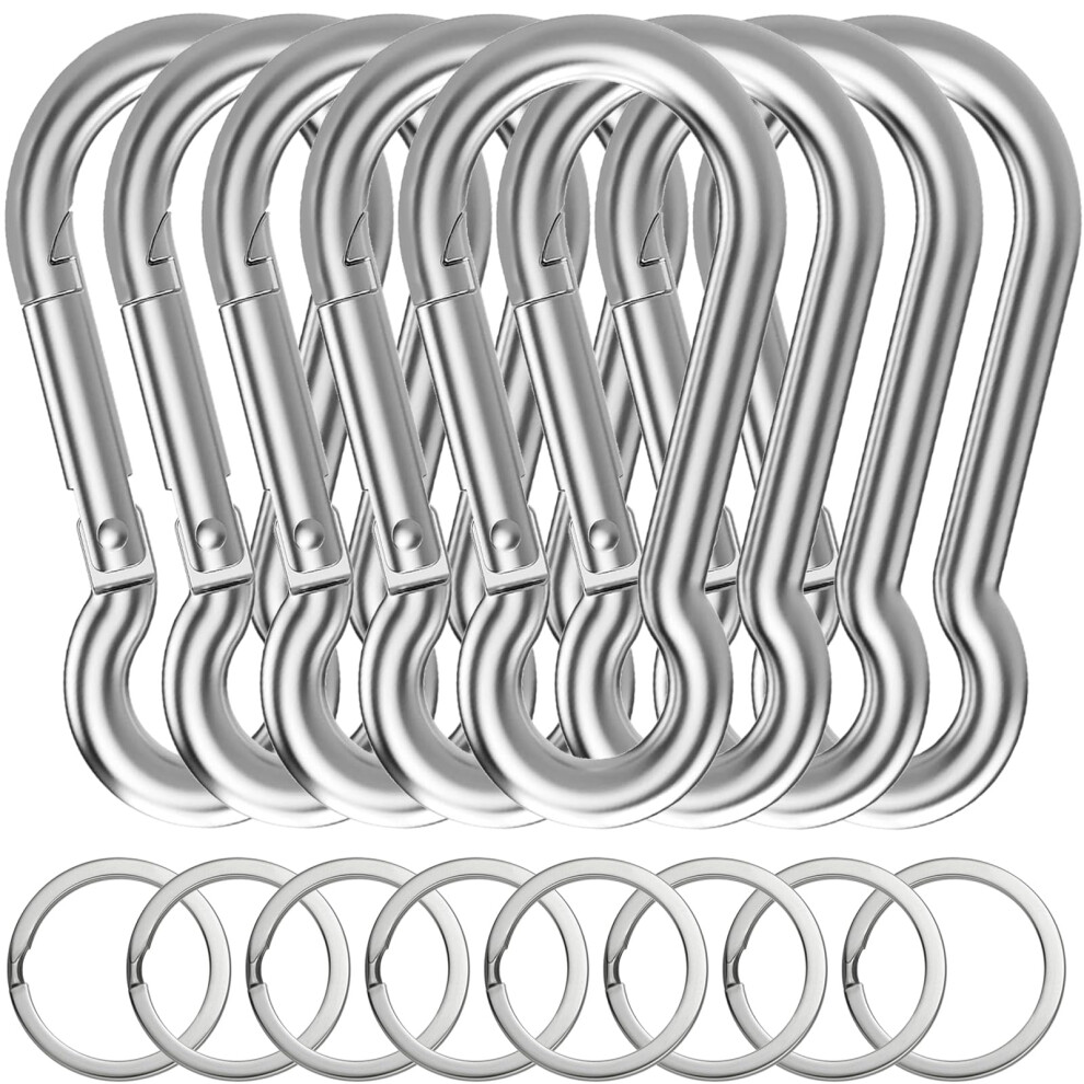 Eggmarch 8 Pack Carabiner Clips With 8 Key Rings Strong Spring Snap Hook Heavy Duty Snap Clip Zinc-Galvanized Steel Link For Hiking, Camping, Fishing, 5051224209972