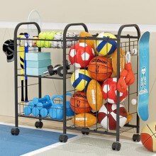 NEYCIL Ball Storage Rack, Sports Ball Storage Cart with 6 Wheels, Elastic Strap, Removable Basket, Hooks, Sports Equipment Organizer For Garage,