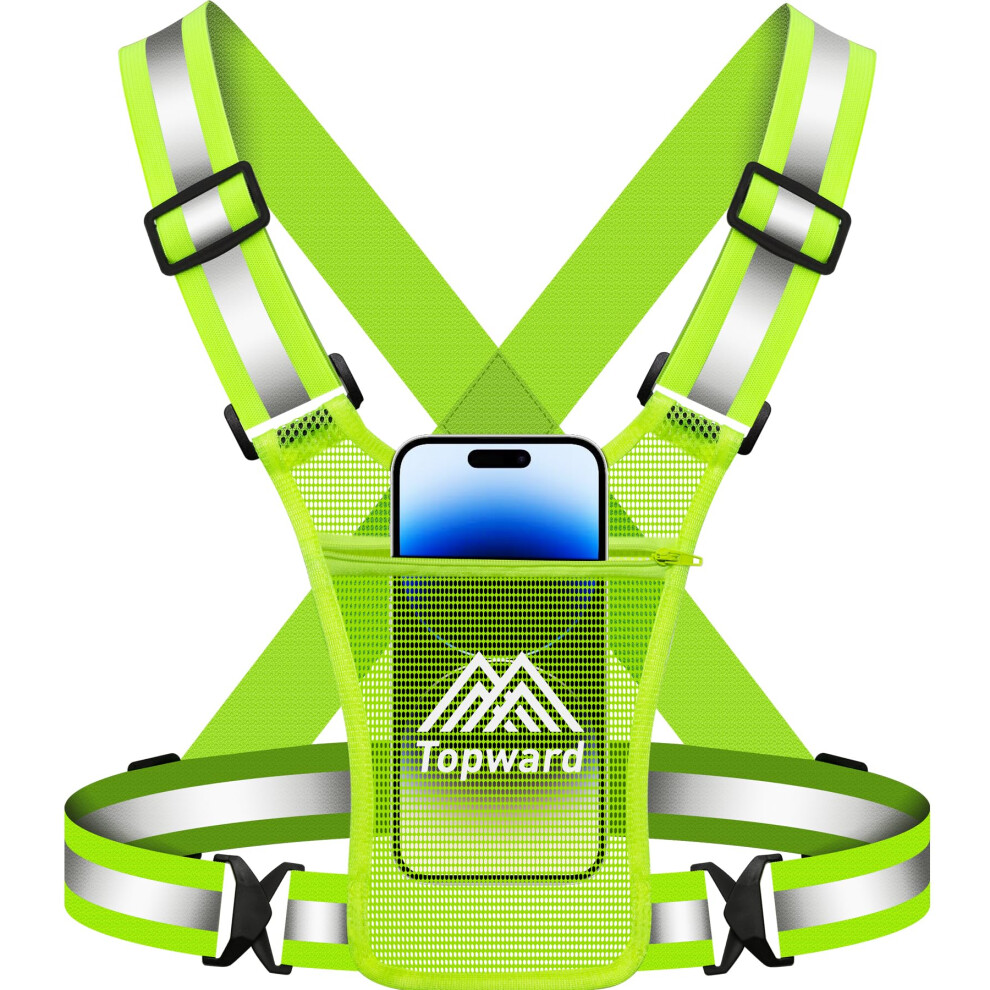 Topward Running Vest Phone Holder With Chest Pouch - Reflective Safety Vest For Dog Walking Cycling - High Visibility With Adjustable Waist/Shoulder - 5051224236305