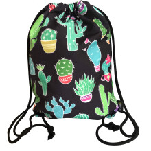HECKBO Gym bag for women & girls made of cotton (black) - printed on both sides with cactus motifs - for everyday use, travel & sports - suitable as
