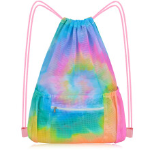 Mesh Drawstring Bag with Zipper Pocket, Beach Bag for Swimming Gear Backpack Gym Storage Bag for Adult Kids