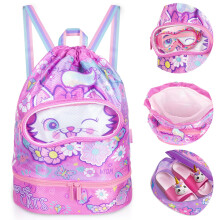 PinkSheep Swimming Bag for Kids, Gym Drawstring Backpack for Girls Boys - Waterproof Beach Bags with Shoes Compartment and Wet Proof Pocket for