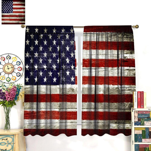 American Flag Curtains Vintage Rustic Wooden Pattern Rod 2