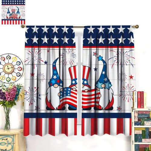 Independence Day Curtains Blue Red Stars Wooden Pattern Rod 2