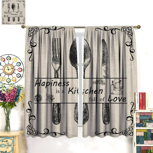 Farmhouse Kitchen Curtains Vintage Fork Spoon Beige Linen 2