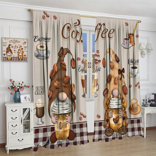 Gnome Coffee Kitchen Curtains Beige Red Plaid 52x84in 2