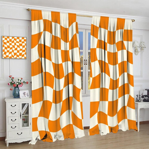 Checkerboard Curtains Boho Retro Beige Orange 52x84 inch 2