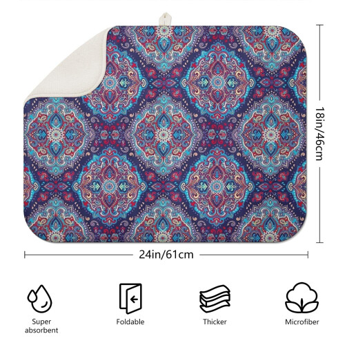 Colorful boho kitchen drying pad 18x24 Inch featuring floral design, microfiber surface, machine washable and reusable 1