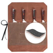 Kaaltisy 16OZ Waxed Canvas Knife Roll Bag - Heavy Duty Chef Knife Carrier with 4 Slots + Cut-Proof Protection, Stylish Two-Color Design in Brown &