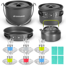 Odoland Camping Cookware Mess Kit for 6 People, Large Size Hanging Pot Pan Kettle with Base Dinner Cutlery Sets, Cups Dishes Forks Spoons Kit for