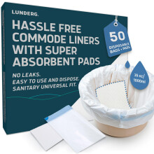 Lunderg Commode Liners with Absorbent Pads - Value Pack Medical Grade 50 Count Universal Fit - Disposable Bedside Commode Liners & Pads for Adult