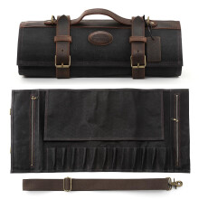 XINZUO Chef Knife Roll Bag Professional,16oz Waxed Canvas and Crazy Horse Leather,12 Slots Plus 2 Zipper Pockets,Black,Adjustable Shoulder