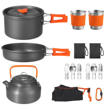 FUNYKICH 17PCS Camping Cooking Set, Non-Stick Lightweight Camping Pots and Pans Set with Kettle, Stainless Steel Cups, Foldable Forks Knives Spoons