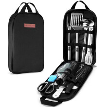 Odoland Camping Cookware Utensils Travel Set, Camp Kitchen Utensil Organizer, Cutting Board, Kitchen Scissors, Slotted Tongs Seasoning Bottle and Case