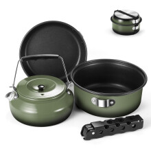Odoland 5pcs Camping Cookware Mess Kit, Non-Stick Lightweight Pot Pan Kettle Set with a removable handle - Perfect for Backpacking, Camping, Hiking,